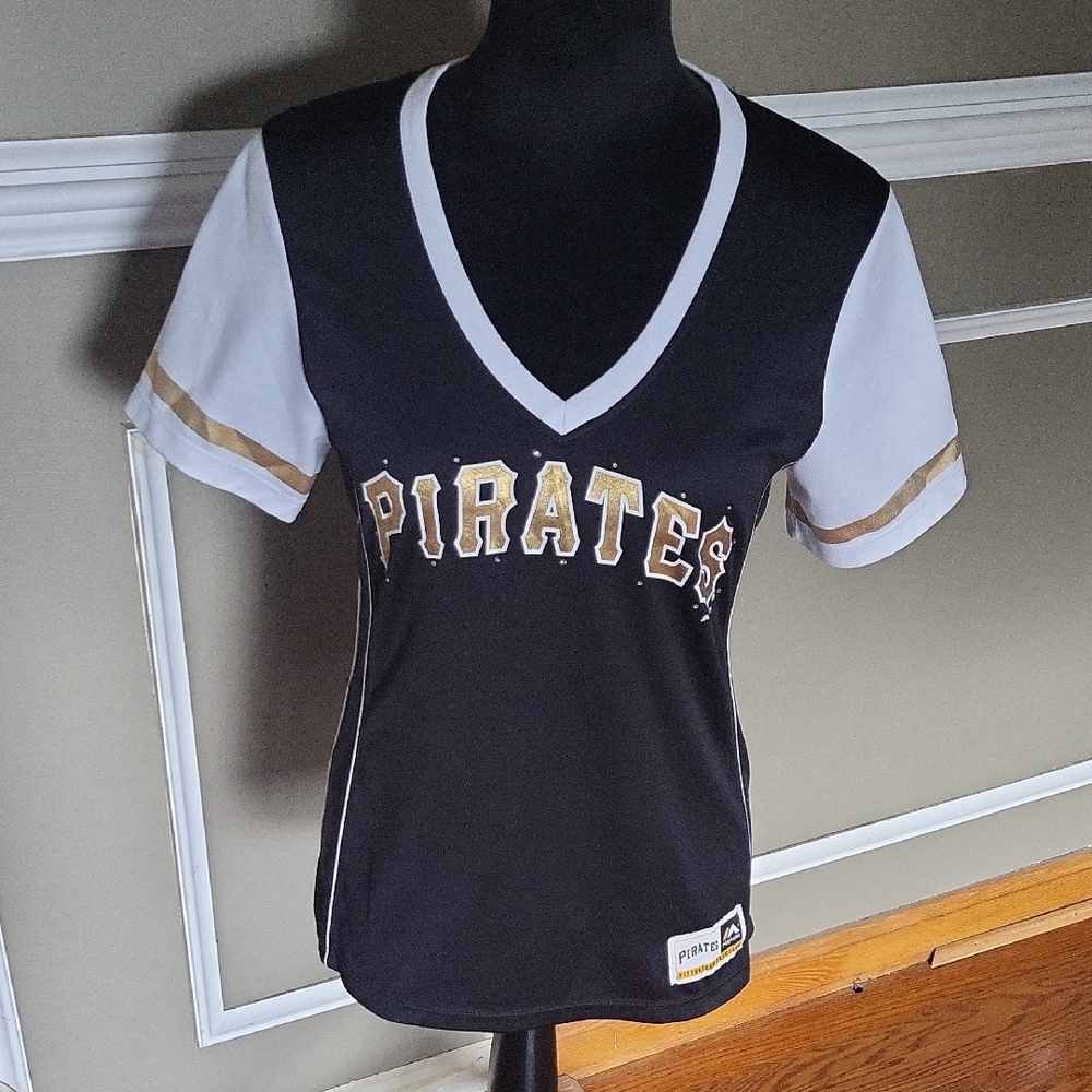 Majestic Pirates V-Neck Jersey - Black, White, and Gold Size Medium